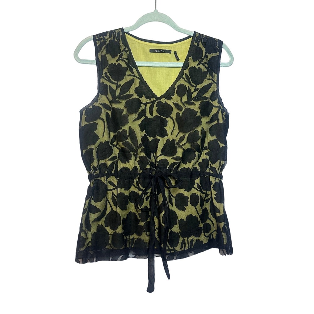 Nic + Zoe Chartreuse Black Floral Burnout V-Neck Drawstring Waist Blouse 6